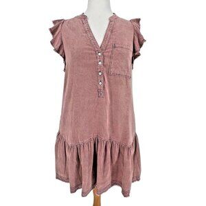 ANTHROPOLOGIE PILCRO CORDUROY FLOUNCE MINI DUSTY PINK DRESS SIZE S